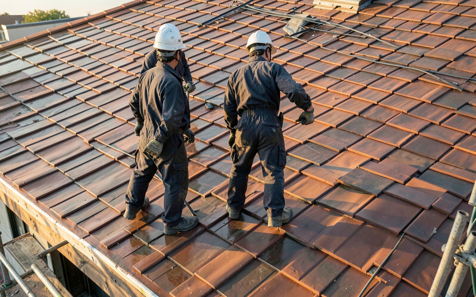 Zwei Dachhandwerker von HBV Dach arbeiten auf einem frisch beschichteten Ziegeldach